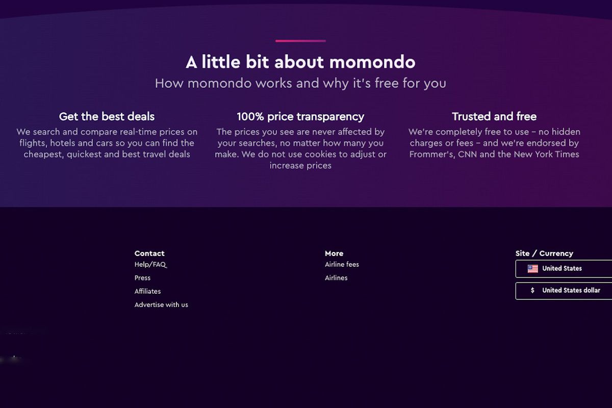 Screenshot of the Momondo 'About us' page.