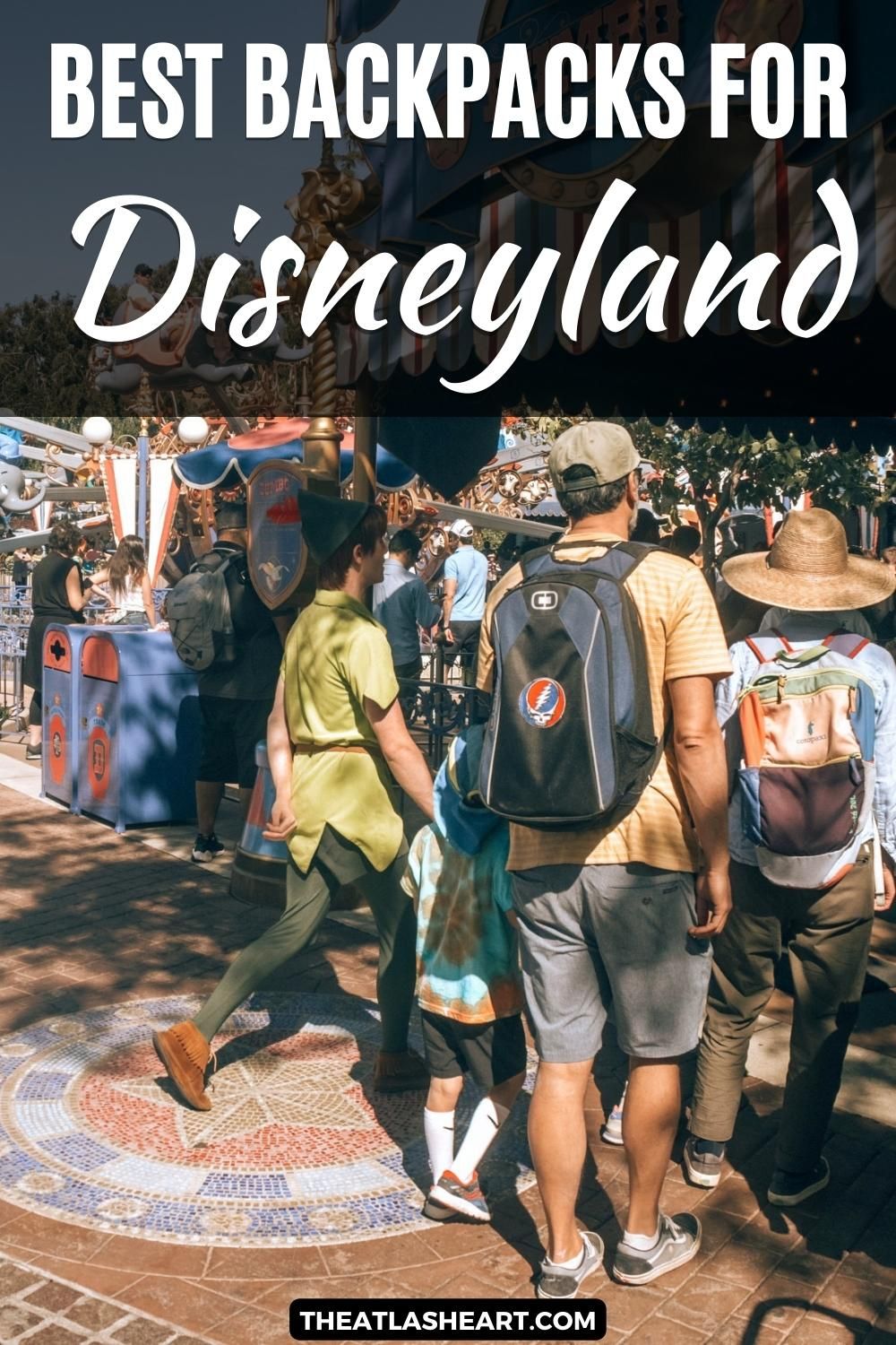 Two people wearing backpacks, seen from behind, walking with a small boy and a man in a Peter Pan costume at Disneyland, with the text overlay, "Best Backpacks for Disneyland."