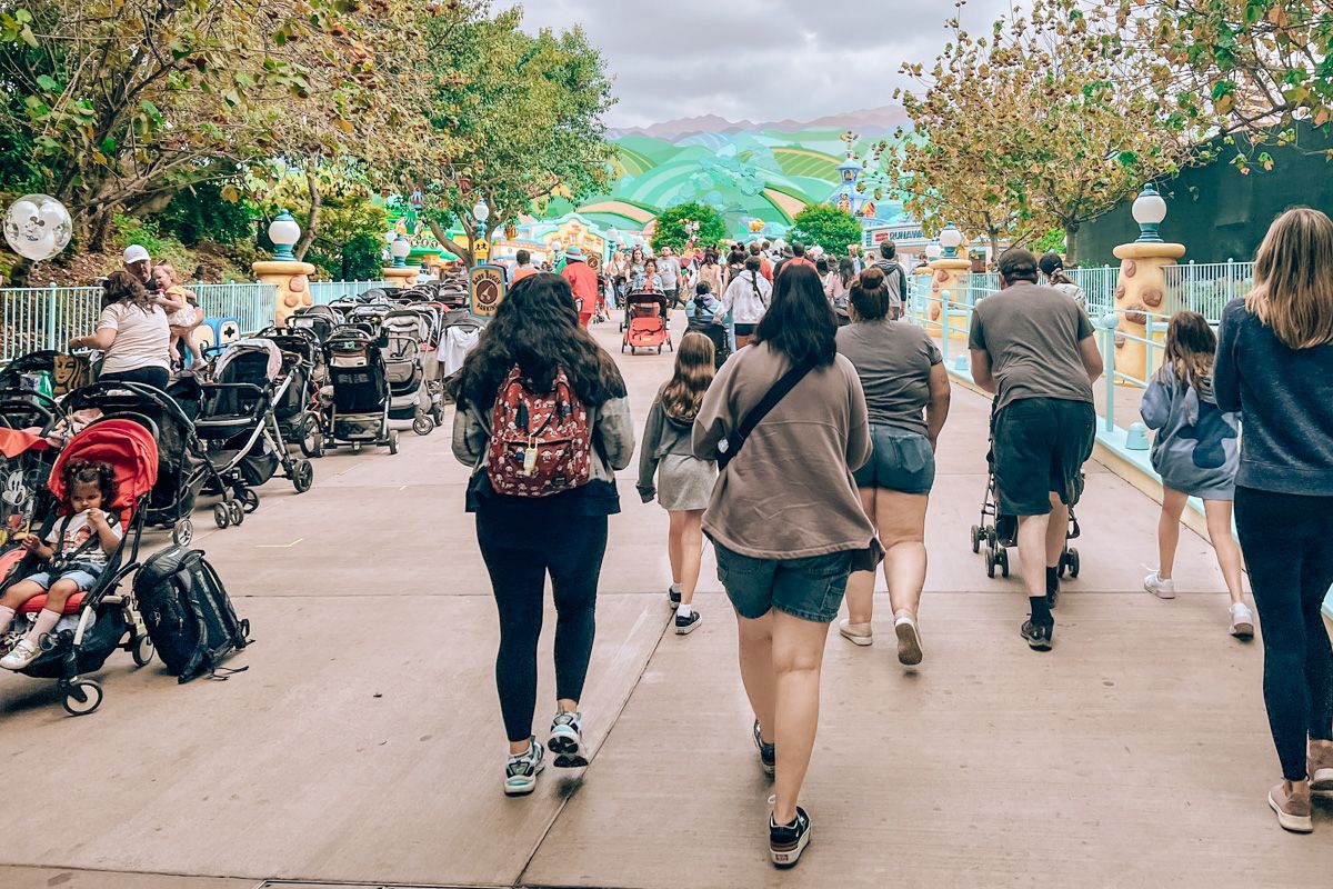 A crowd of people seen from behind as they walk past a cluster of stollers at Disneyland.