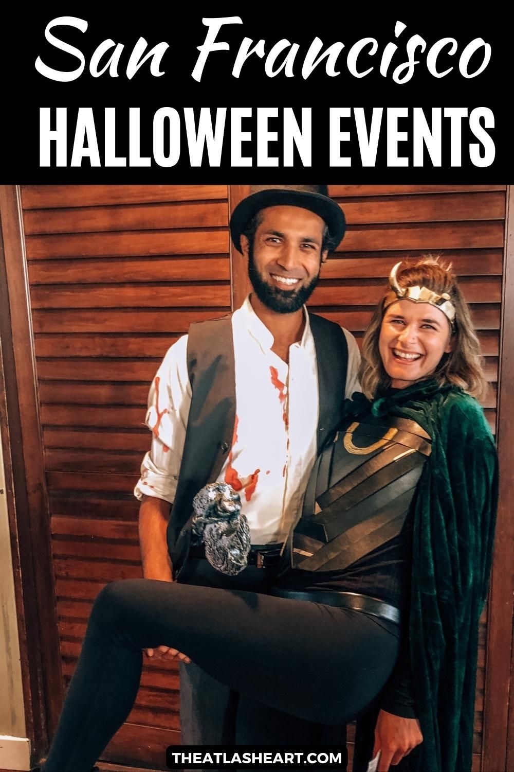 A happy couple in Halloween Costumes poses in front of a wooden closet door, with the text overlay, "San Francisco Halloween Events."