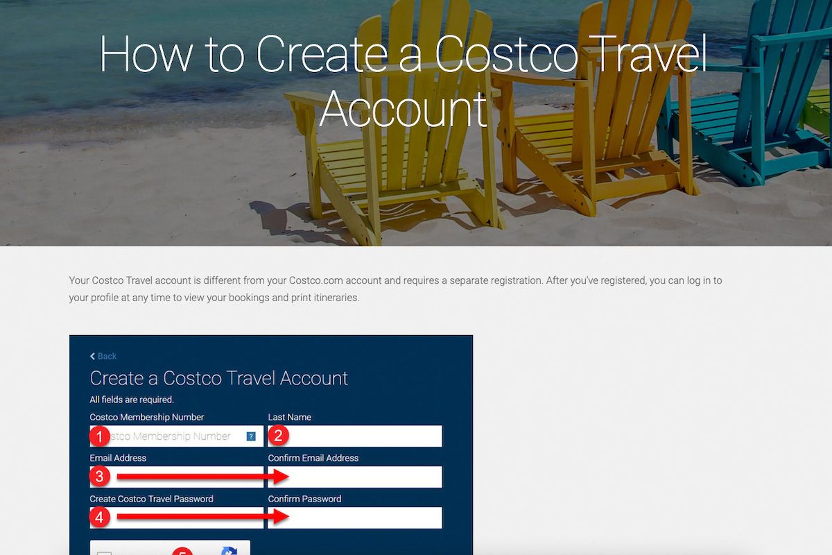 A screenshot of the Costco Travel website page with instructions on creating an account. 