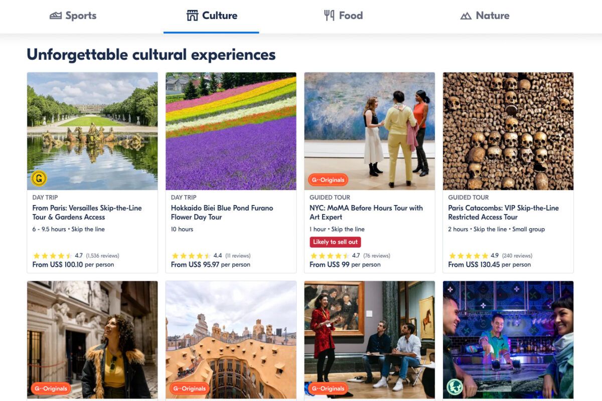 A screenshot of the 'Cultural Experiences' page on the GetYourGuide website.