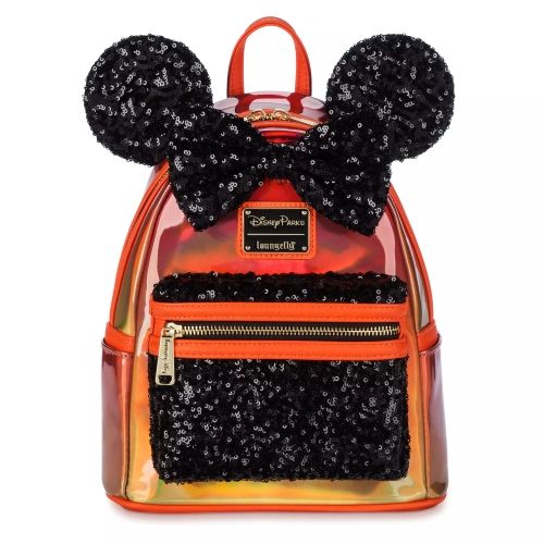 Product image for the Loungefly Mini Backpack in orange with black sequin details.