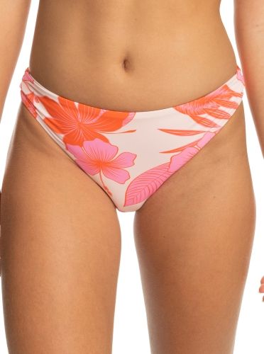 Product photo for the Roxy Classic Hipster Bikini Bottoms in pink and orange tropical floral print.