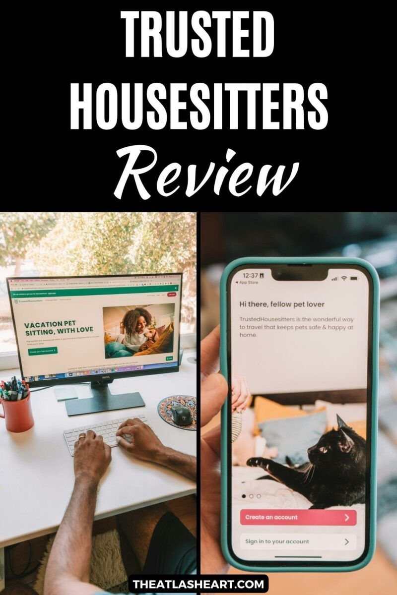 A split-screen image: on the left, a pair of hands typing on a keyboard at a white computer desk in front of a monitor displaying the Trusted Housesitters website homepage, a the right, a close-up of a phone displaying the Trusted Housesitters App, with the text overlay, "TrustedHousesitters Review."