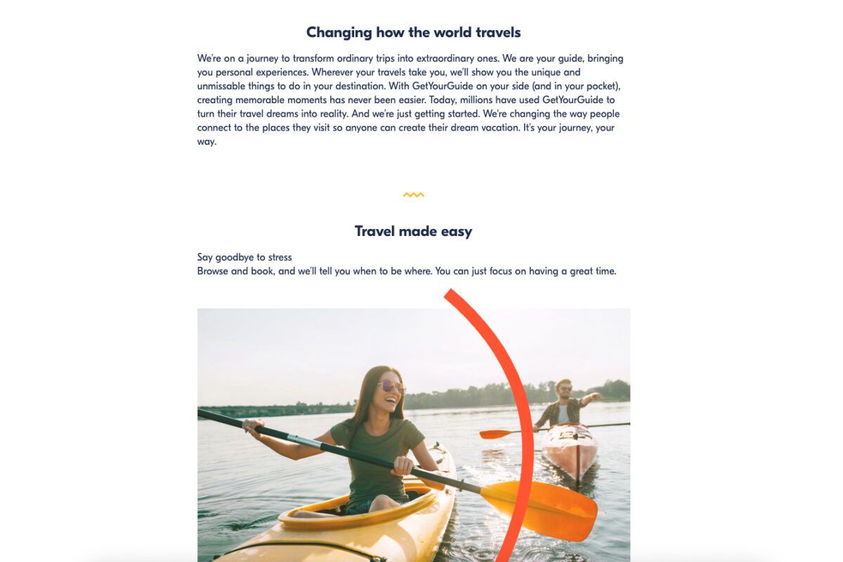 A screenshot of the GetYourGuide website 'about' page, which displays. a photo of a woman kayaking. 