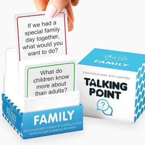 200 Conversation Cards
A white deck of cards in a white and blue box that says "Talking Point," as a hand pulls up one card, reading "If we had a special family day together, what would you want to do?", is meant to prompt a conversation during long car rides.