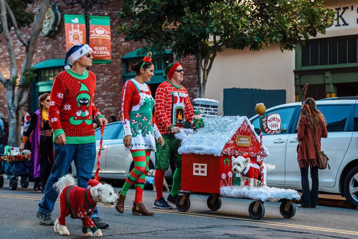 Three people in wacky holiday attire parade down the street with their dogs, also dress for the occassion, at the Annual Gaslamp Holiday Pet Parade.