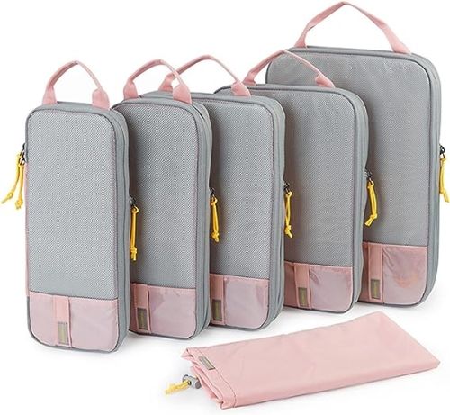 Product photo for the Bagsmart Packing Cubes in light grey with pink trim.