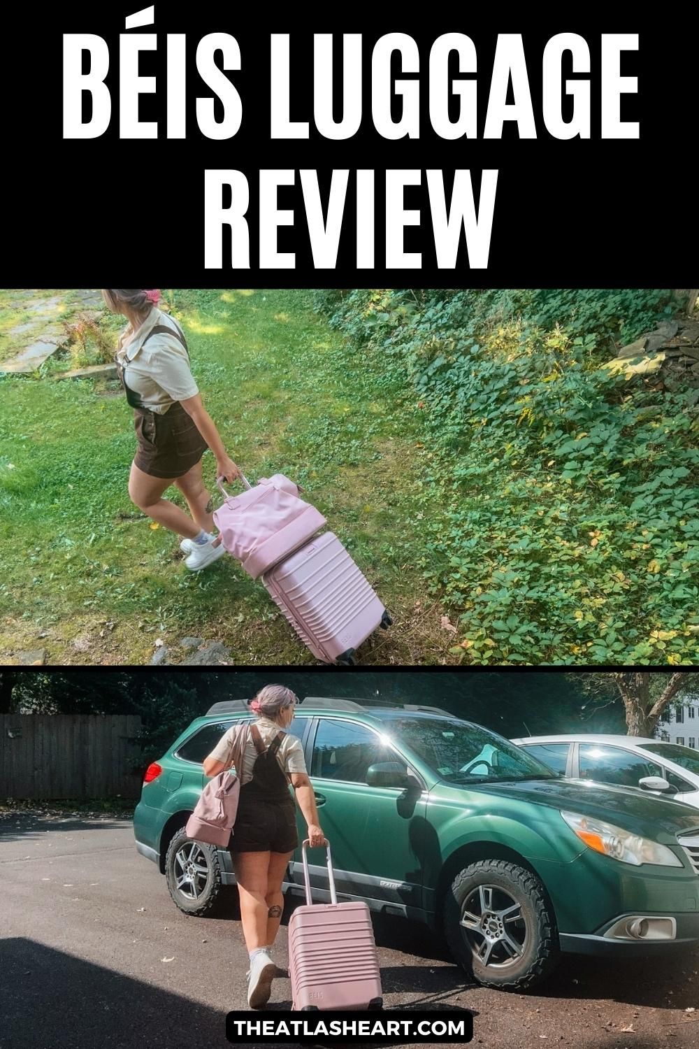 A woman in brown overall shorts wheeling a pink suitcase and carrying a matching shoulder bag seen in two shots, one walking across a lawn, and one from behind walking past a green SUV in a parking lot, with the text overlay, "Béis Luggage Review."