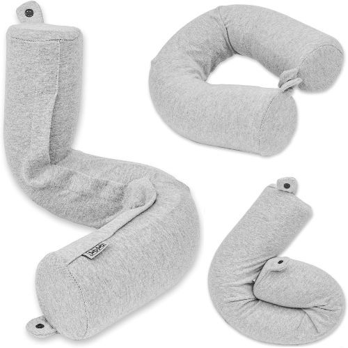 Bendable Pillow
A grey cylindrical pillow shown in three different positions with a snap on either end.