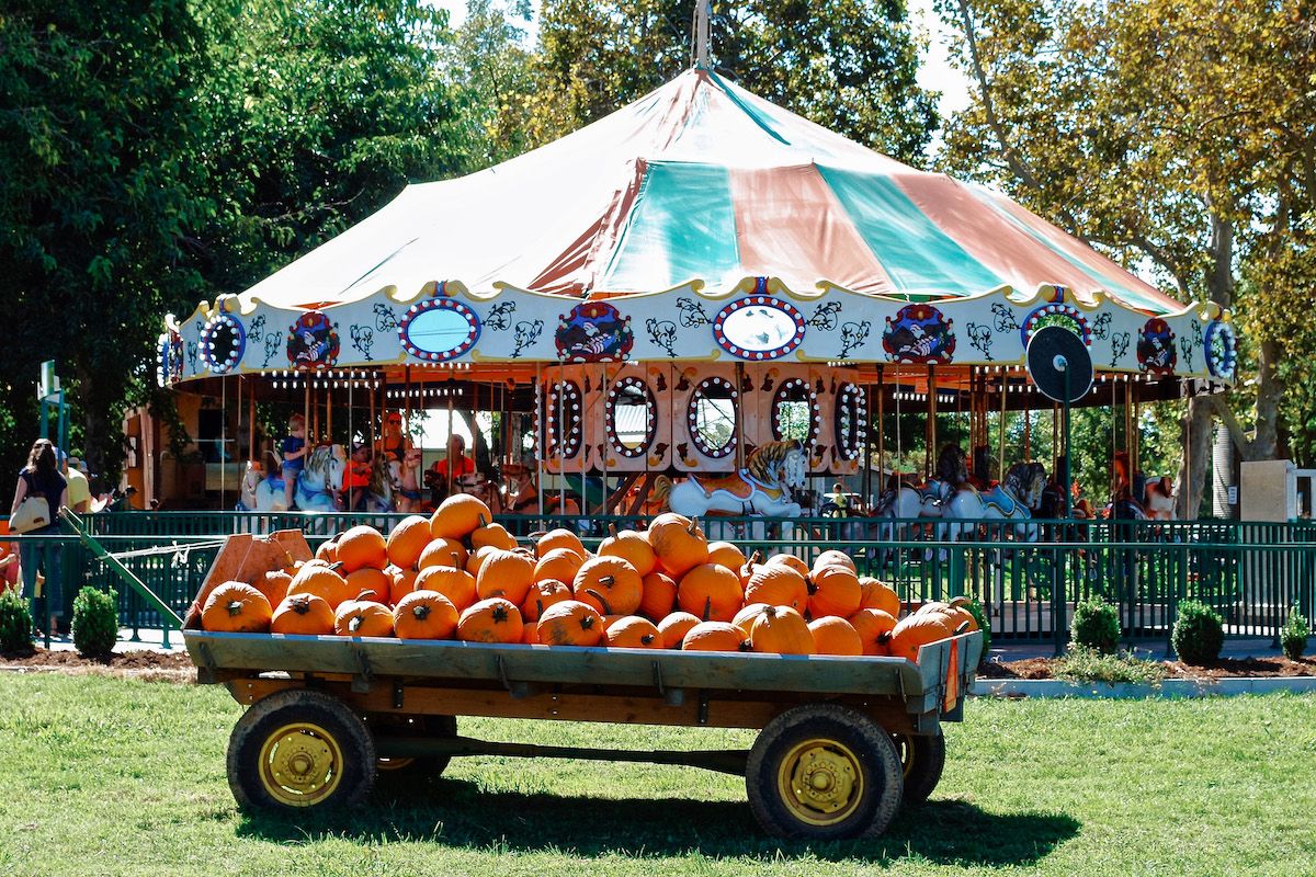 A wagon loaded with a pile of pumpkins sits on a lawn in front of an old-fashioned carousel.