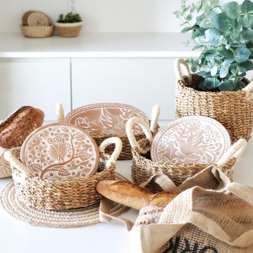 Bread Warming Stone and Wicker Basket
