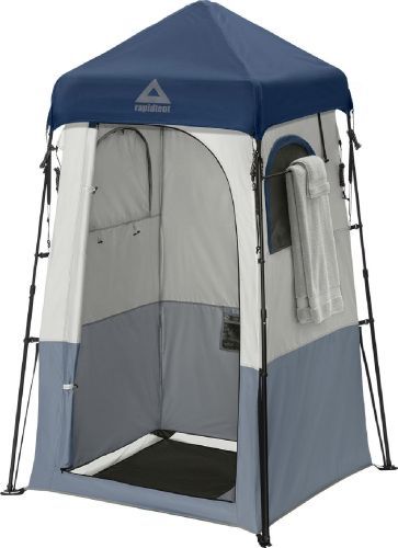 Caddis Rapid Privacy Shelter shower tent in blue, grey, and wite.