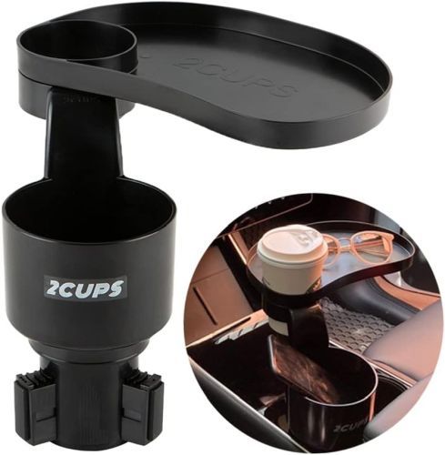 Car Cup Holder Expander
A black plastic cup holder that has an arm attached to an upper level cup holder and small lipped platform for convenient driving.
