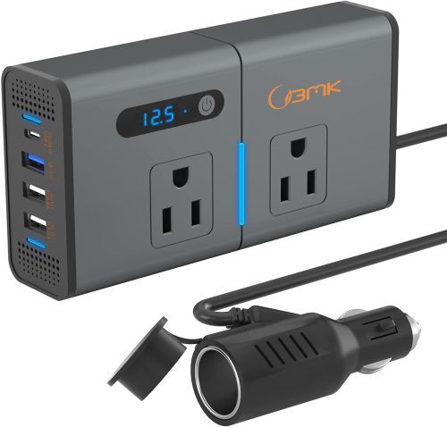 Car Inverter 
A grey device with two wall outlets, three USB ports, a USB-C port, and a small power indication screen.