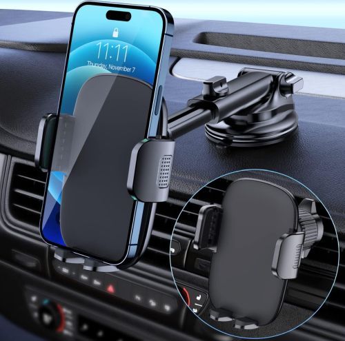 Car Mount Phone Holder
A plastic arm extending out from the suction cup on the dashboard of a car, to hold a smartphone in an adjustable cradle.