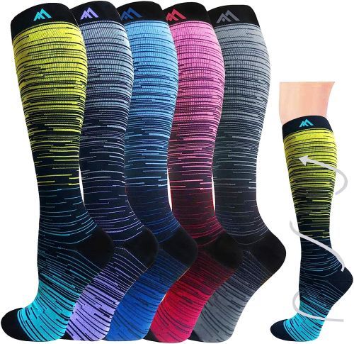 Compression Socks
Five knee-high socks in green/turquoise, purple, blue, pink/magenta, and grey, next to a model leg wearing the green/turquoise sock and an arrow indicating upward blood flow for better circulation while sitting in the car.