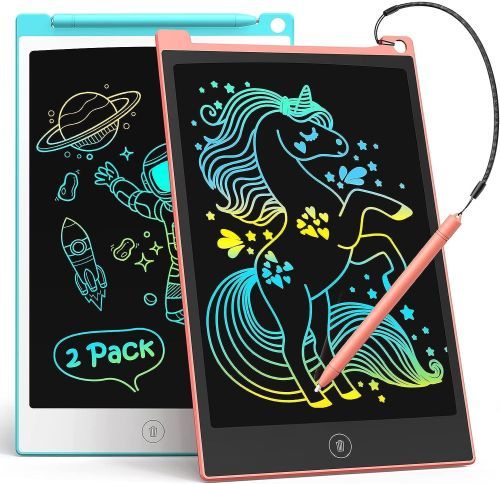 Doodle Boards
Two flat boards the shape of an iPad, with black surfaces and neon color-changing drawings of a unicorn and an astronaut, plus the text, "2 Pack."