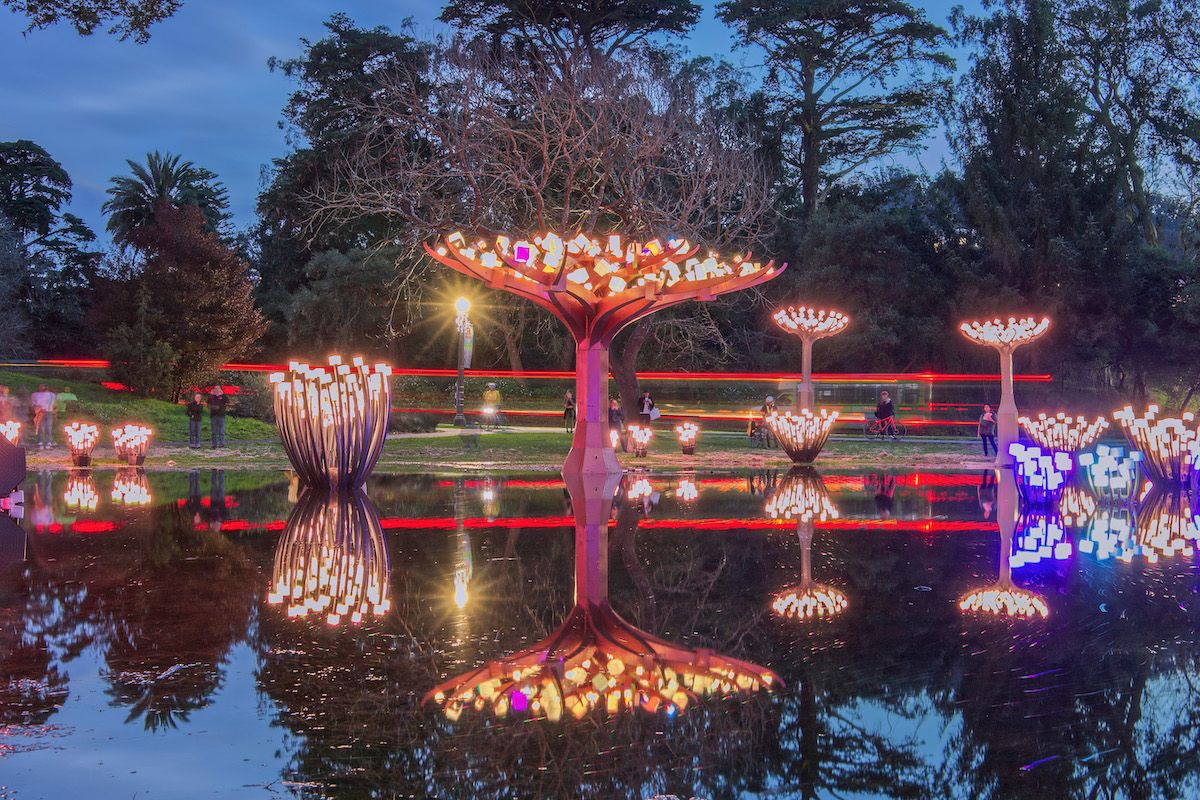 The sculptural light installation, "Entwined," see lit up in early evening at a pond in Golden Gate Park in San Francisco.