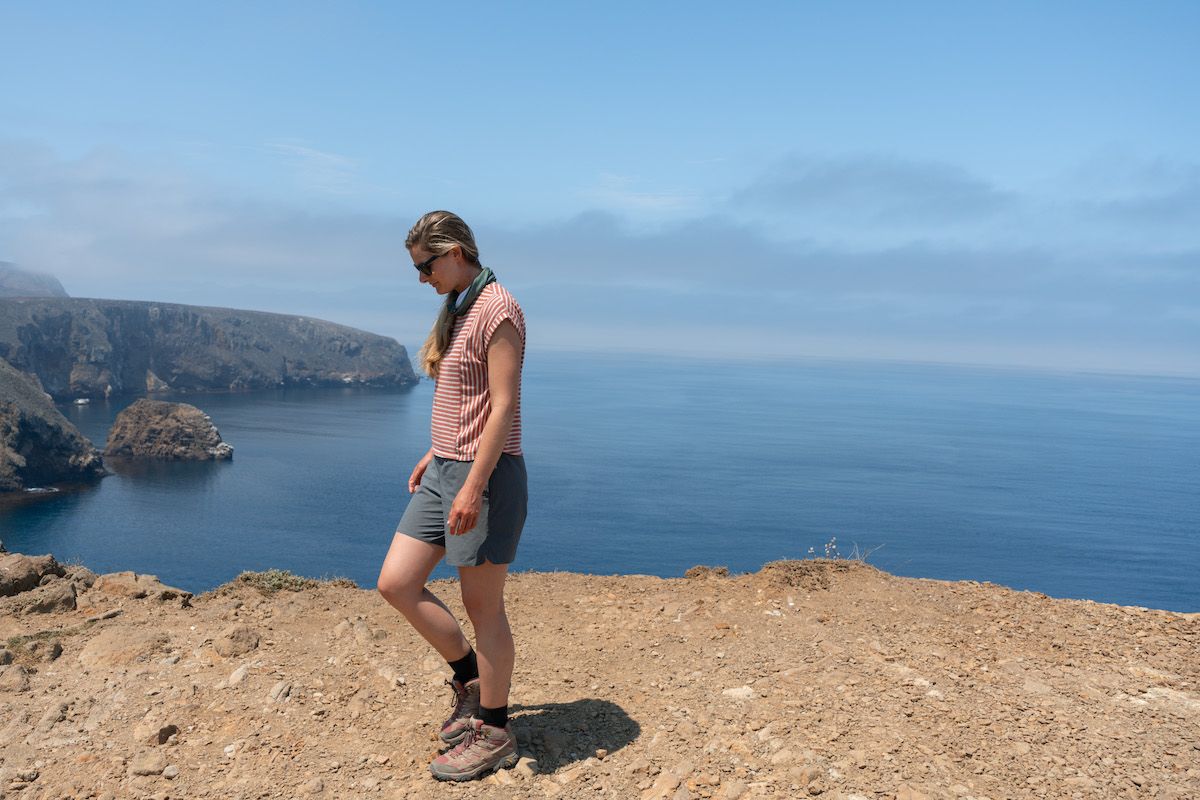 FAQs About Hiking Shorts: Mimi at the lookout point of a hike along the ocean.