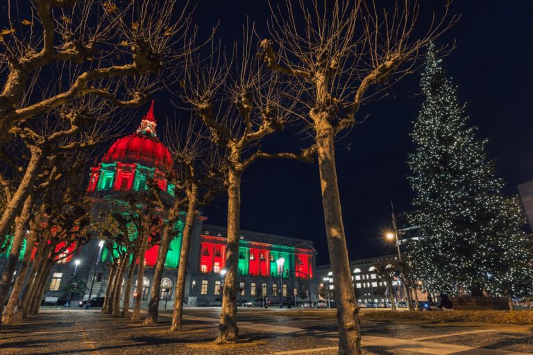 Some of the best Christmas lights in San Francisco are on city hall, seen here at night lit up red and green, with knobbly, leafless trees in the foreground.