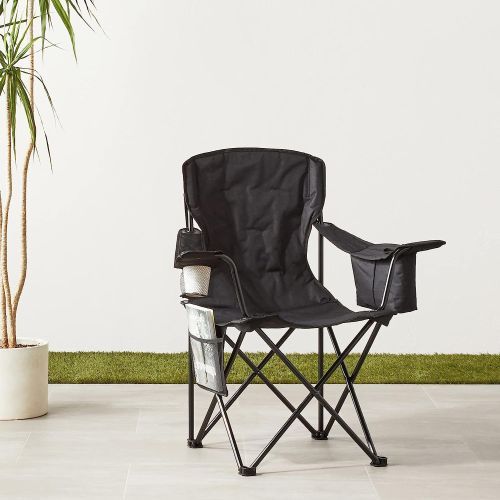 Fold Out Chairs or Camping Chairs
A black canvas foldable camping chair with metal crisscross legs, a mesh side pocket holding a magazine, a cup holder on the right armrest, and a zippered compartment in the left armrest.