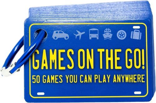 Games on the Go, Car-Friendly Games
A deck of blue cards with the corner hole punched and a ring put through it, images of a car, plane, bus, ship, star, and suitcase, across the top, followed by yellow text that reads, "Games on the Go! 50 games you can play anywhere."