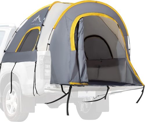 Product image for the GoHimal Pickup Truck Tent in grey with yellow trim.