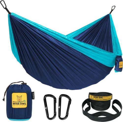 Hammock
A dark blue synthetic hammock with turquoise trim and carabiners on either end, plus a pocket that the whole hammock stuffs into, and the loop straps.
