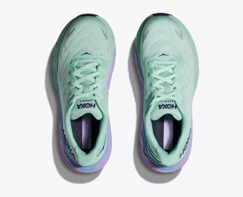 Product image for the Hoka Ahari 6 shoes in seafoam and lilac. 