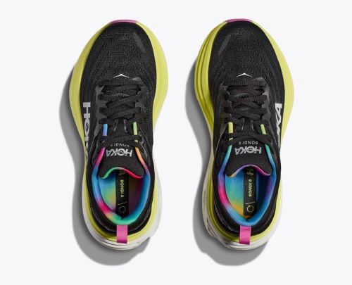 The Hoka Bondi 8 in black with light green trim and multi-color insoles.
