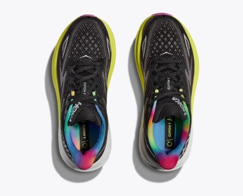Hoka Clifton 9 shoes in black with light green trim and colorful insoles.