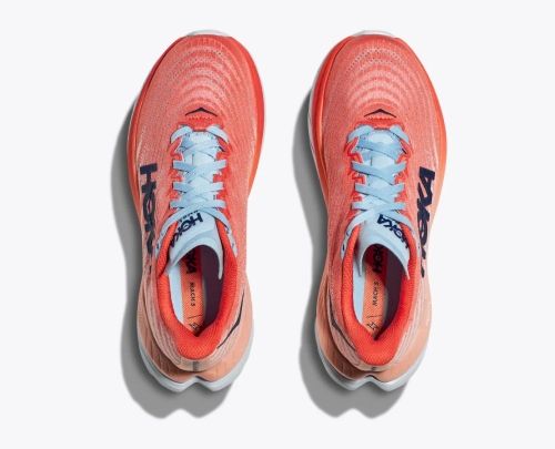 Hoka Mach 5 shoes in peach parfait with light blue laces