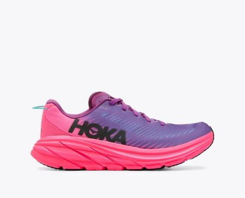 Hoka Rincon 3 with bright pink outsoles and heel, and lavender top half