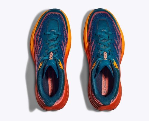 Product image for the Hoka Speedgoat 5 in blue and orange.