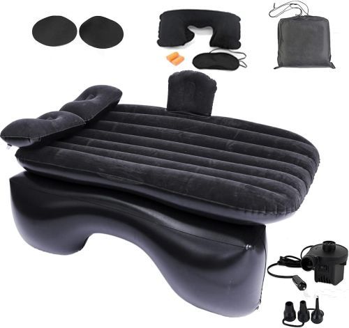Inflatable Car Mattress
Display of a blowup mattress and blow up pillows with a lower extension that fills the floor in the back seat so that the mattress lies flat, plus images of an air pump, carrying case, neck pillow, face mask, ear plugs, and patches.