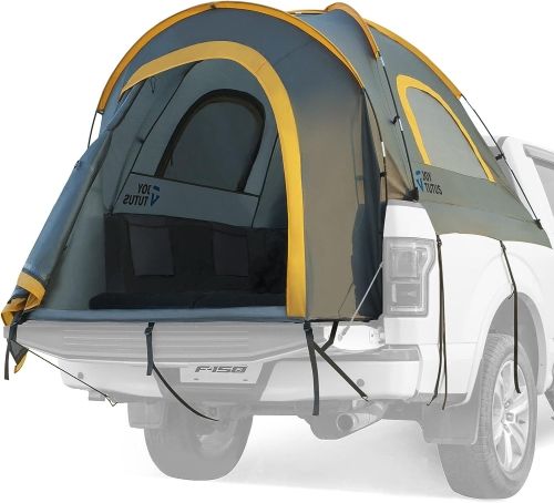 Product image for the JoyTutus Pickup Truck Tent in grey with yellow trim.
