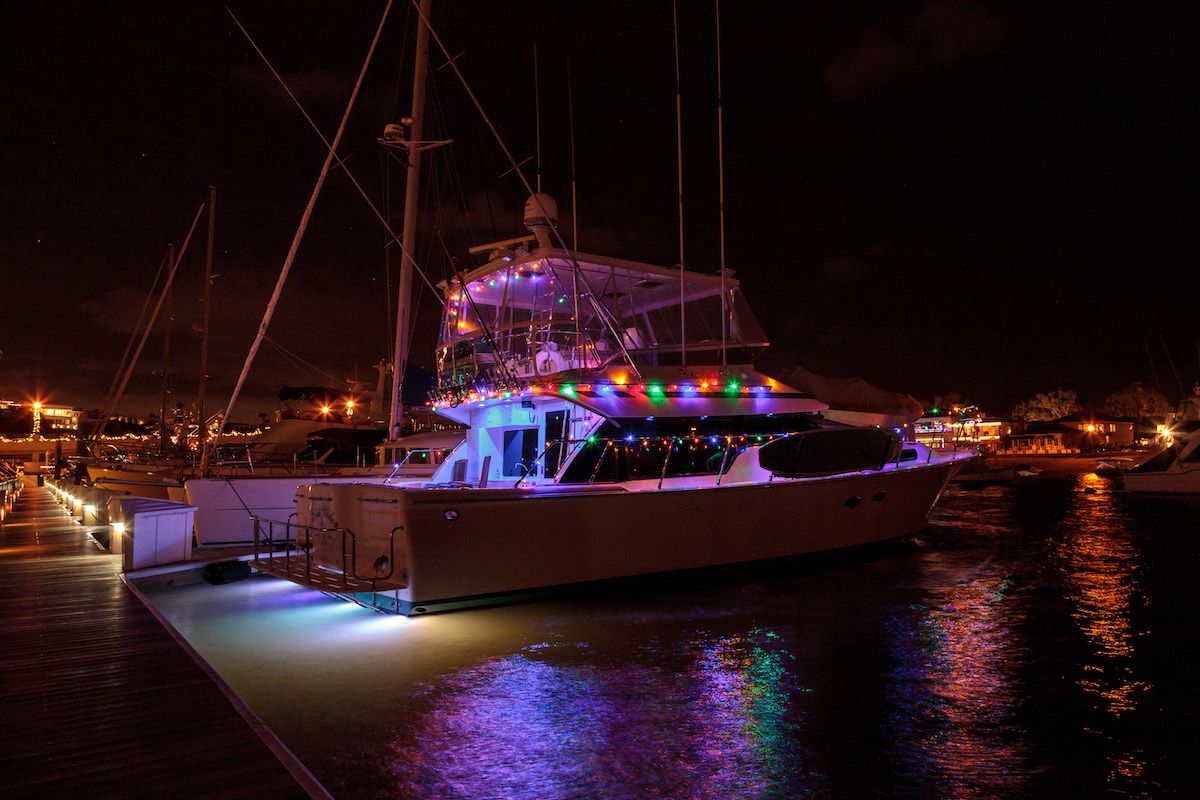 A yacht decorated with multicolored Christmas lights seen at night docked in a harbor.