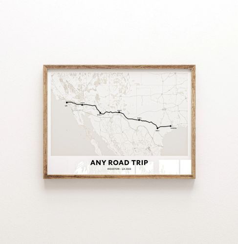 Personalized Road Trip Map
A black and white outline of the US and Norther Mexico with a black line showing the road trip path, framed in a wooden frame, with the text "Any Road Trip."
