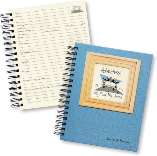 Road Trip Journal
On top, a blue spiral-bound journal with a cartoon of a car driving away with silhouetted figures inside and the text, "My Road Trip Journal," and behind is a display of one of the journal pages with questions about the road trip.