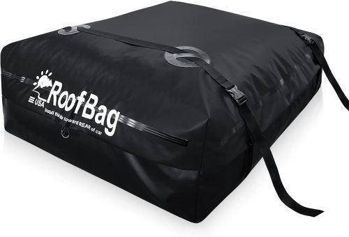 Roof Bag for Cars
A large black rectangular bag with straps across the top and the words, "Roof Bag."