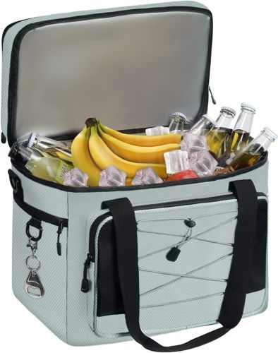 Soft Cooler Bag
A muted blue cubical bag with straps, outer pockets, a bottle opener, and bungee cords, open to display the contents like bananas, ice, and beer.
