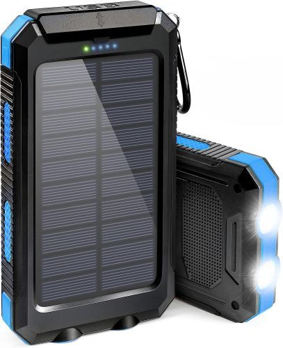 Solar Power Bank
A black power bank standing up and one laying next to it, with blue trim, a solar panel, charge indicator lights, ports, a carabiner, and a flashlight.
