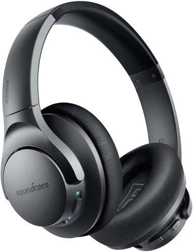 Sound Proof Earphones
Grey headphones with black ear cushions, power, volume, and mic buttons, with the text "Soundcore" and "Anker."
