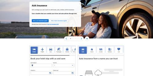 Triple AAA Membership website screenshot of a man and woman leaning against a car on the side of the road.