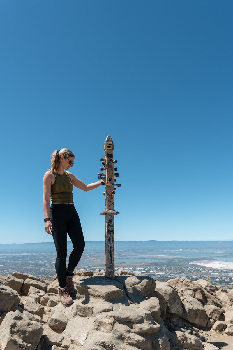 A woman in black leggings, a green tank, and hiking boots stands next to a totem-like pole at the rocky summit of a mountain overlooking a suburban valley, with  clear blue sky behind her.
