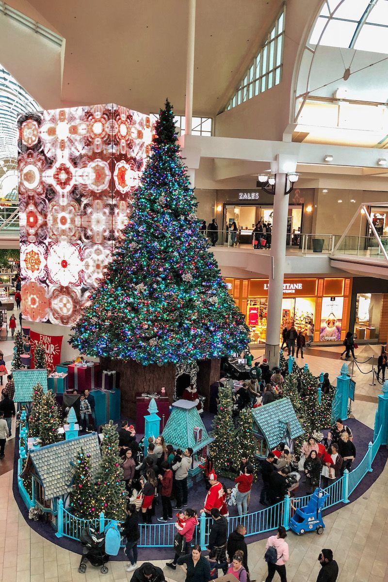 People line up around a Christmas display, complete with a large Christmas tree, inside of a shopping mall. 