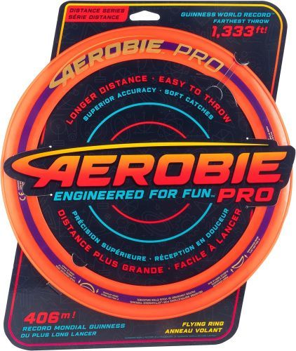 Aerobie Pro Ring Outdoor Flying Disc in bright orange with a purple stripe.