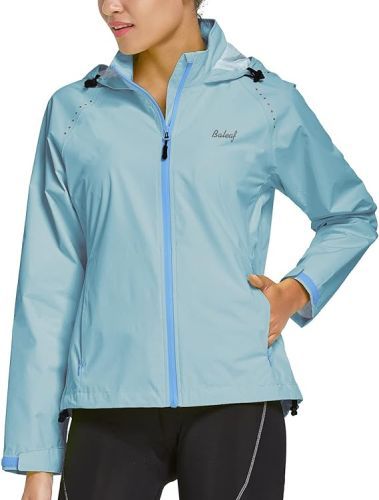 Product image for the BALEAF Women's Running Rain Jacket in light blue. 